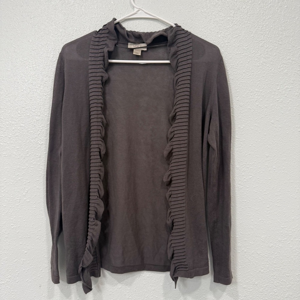 Ann Taylor LOFT Petites Gray Ruffle Trim Open Front Cardigan Sweater MP